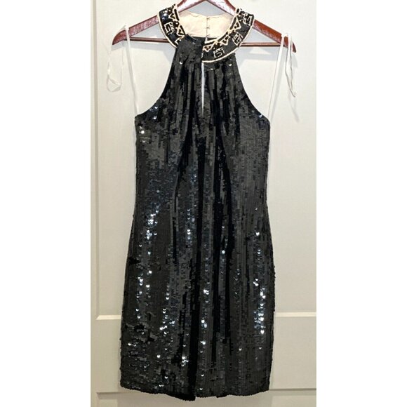 AJ Bari Vintage Halter Neck Black and White Silk Sequins Mini Dress Size10 - Picture 1 of 8